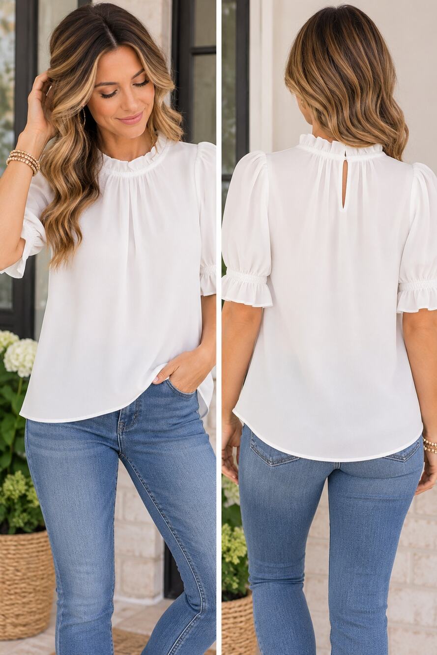 Main Strip White Ruffle Blouse Puff Sleeve Romantic Cottagecore Top S